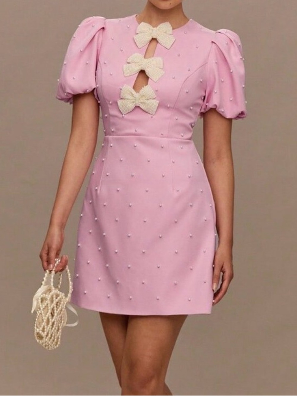 Pink Casual Women's Pearl Bow Decor Short Sleeve Dress